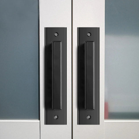 2 Pack Black Barn Style Door Pulls With Plate Punch Free 7 Inch Closet And Drawer Handles Installed on Glass Doors