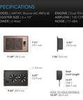 Specifications of Airtap T6 Bronze Register Booster Fan for 6x10 duct openings, showing dimensions and dual 92mm engine.