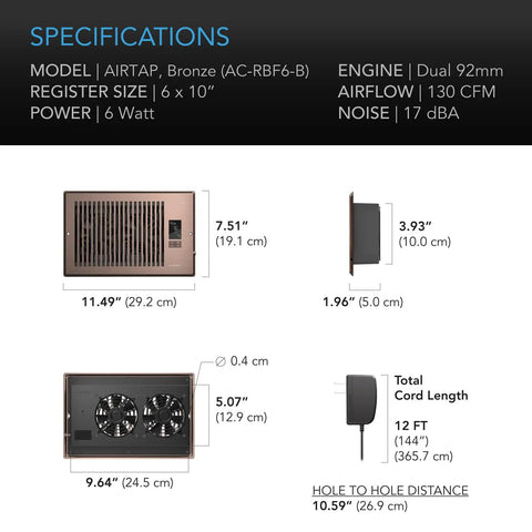 Specifications of Airtap T6 Bronze Register Booster Fan for 6x10 duct openings, showing dimensions and dual 92mm engine.