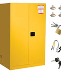 Rock Solid OSHA Compliant Flammable Safety Cabinet With Double Wall Yellow Galvanized Steel Built For Hella Secure Fireproof Liquid Storage And Two Tough Adjustable Shelves In A Badass 60 Gallon Industrial Workshop Setup, showcasing yellow cabinet, lock, and keys.