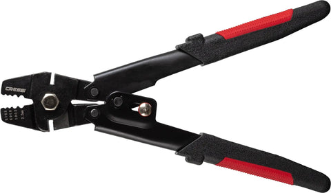 Spearfishing Crimping Tool Kit With Three Multifilament Lines In 1.6mm, 1.8mm And 2mm showing crimp tool with red grip handles