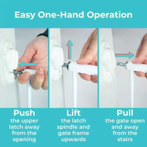 Easy one-hand operation for Hardware Mounted Metal Baby Gate For Stairs And Doorways, Walk Through Child Safety Barrier With Zero Threshold.