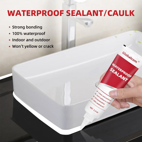 Advanced Silicone Caulk Sealant For Kitchen And Bath Waterproof Bonding Interior Exterior Use Heavy Duty Strong Adhesion Shrink Proof And Crack Resistant 5.3 Oz White being applied on bathroom sink
