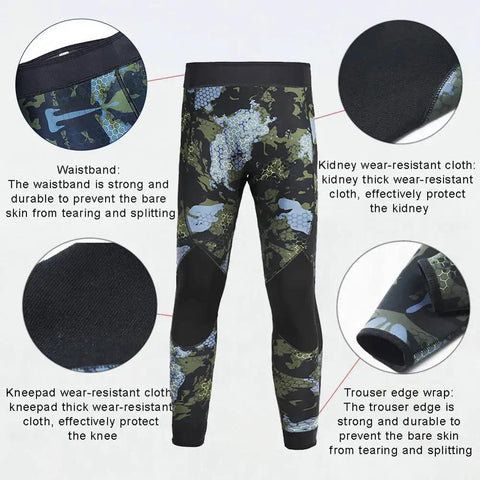 5mm Neoprene Hooded Spearfishing Wetsuit Two Piece Full Body Camouflage Diving Suit For Cool Water Freediving And Hunting, Long Sleeve, Green XXL, showcasing pant details