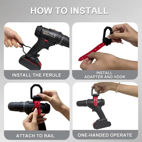 Installation steps of Heavy Duty Drill Hanger Hook For Impact Drills And Drivers, Garage Tool Organizer And Storage Rack, Universal Fit Lineman Tool Board.