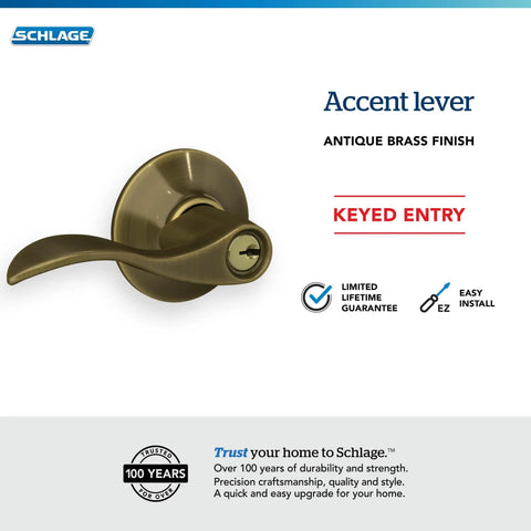 Accent Keyed Door Lever Antique Brass Finish Reversible Handle For Right Or Left Swing Doors Easy DIY Install With Phillips Screwdriver Durable Security Lever For Home Fits 2.3 x 2.8 x 2.8 Inch displayed with features