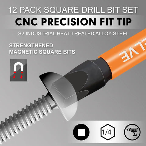 12 Pack Square Drive Bit Set In Premium S2 Alloy Steel Pro Grade With Magnetic Heads, Long 2.55 Inch Square Bits And Hex Shank