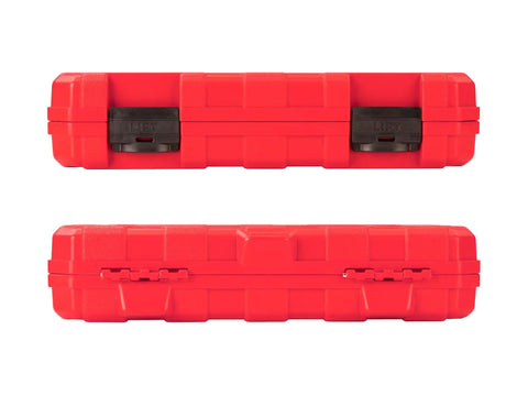 Red carrying case for Three Eighth Inch Drive Six Point Impact Socket Set Thirty Seven Piece Kit With Shallow And Deep Sockets SAE And Metric