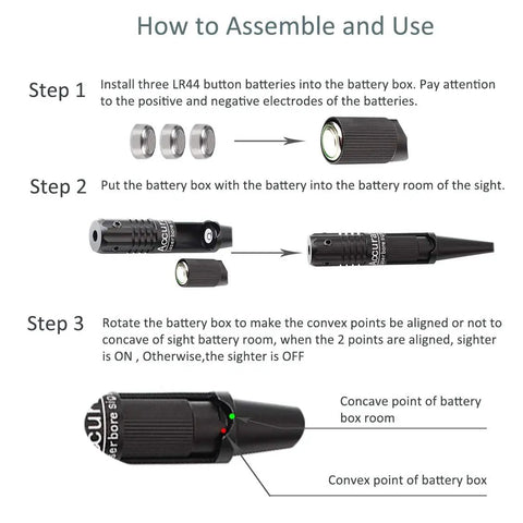 Assembly instructions for Red Dot Laser Bore Sight Kit For Pistols Rifles Scopes And Shotguns With Multi Caliber Adapters Up To 0.54 Caliber.
