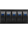 Front view of 5-gang 12-24V LED Backlit Rocker Switch Panel Kit With Aluminum Dash Mount Prewired For Boats Cars UTVs RVs And Marine Lighting Control Available In 2 3 4 5 6 Or 8 Gang IP65 Waterproof On Off with blue lights