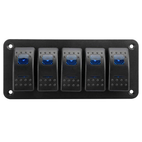 Front view of 5-gang 12-24V LED Backlit Rocker Switch Panel Kit With Aluminum Dash Mount Prewired For Boats Cars UTVs RVs And Marine Lighting Control Available In 2 3 4 5 6 Or 8 Gang IP65 Waterproof On Off with blue lights