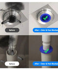 Comparison of drain before and after using Five Pack Thickened Adjustable Silicone Floor Drain Backflow Preventer With Odor Blocking One Way Valve Fits 40 To 50 mm Drain Pipes For Bathroom Kitchen And Shower.
