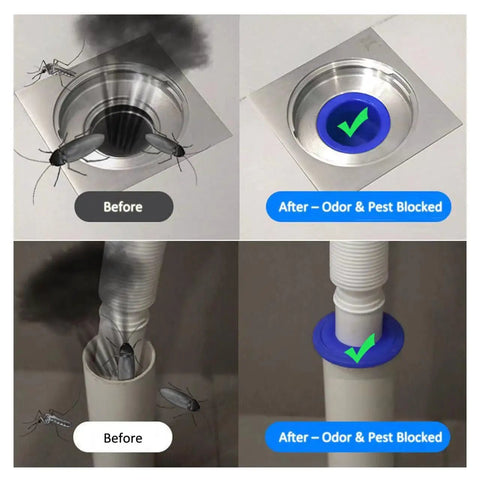 Comparison of drain before and after using Five Pack Thickened Adjustable Silicone Floor Drain Backflow Preventer With Odor Blocking One Way Valve Fits 40 To 50 mm Drain Pipes For Bathroom Kitchen And Shower.