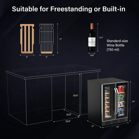 34 Bottle Dual Zone Wine And Beverage Fridge With Independent Temperature Control And LED Panel Built In Or Freestanding Under Counter Chiller dimensions.