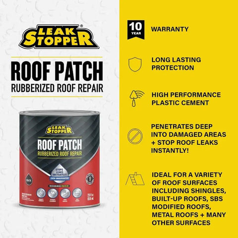 29 Oz Leak Stopper Roof Patch, Fiber Reinforced Rubberized Trowel Grade Sealant For Roof Leaks shown with features