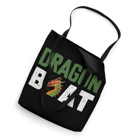 Black tote bag featuring 'Dragon Boat Racing Paddler Tote Bag For Dragonboating Fans And Crew Members Dope Gear For Men And Women Who Love Synchronous Paddling At Festivals And Team Rides' with dragon design.