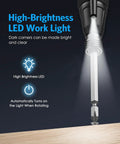 Cordless Electric Screwdriver Set With USB Charge highlighting LED work light in action, illuminating dark work area.