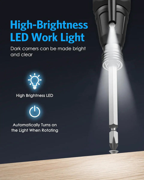 Cordless Electric Screwdriver Set With USB Charge highlighting LED work light in action, illuminating dark work area.