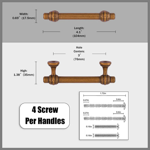 Antique Brass Cabinet Pulls 3 Inch 76mm Pack Of 10 Solid Zinc Alloy Kitchen Cabinet Handles Drawer Hardware No Fuss For Cabinets And Furniture Durable Construction With Easy Install And Pre Drilled Holes shown with dimensions and screws.