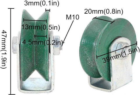 Front and side views of a green plate caster with V-groove wheel and mounting bolt for barn doors and sliding tracks.