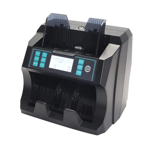 Slick Automatic Multi Currency Bill Counter Machine With Front Loading Tray Handles Usd Eur Cad Bills And Quick Dough Featuring Smd Mag Ir Detection. Front view showing display and functional buttons.