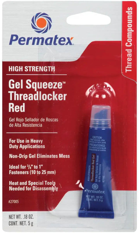 Red High Strength Thread Locker Gel Squeeze Tube 0.20 Oz in packaging for auto, home, and DIY projects.