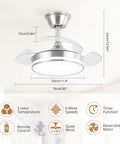 Sleek Retractable Ceiling Fan With Dimmable LED Lights And Remote, space-saving design, brushed nickel trim, compact size.
