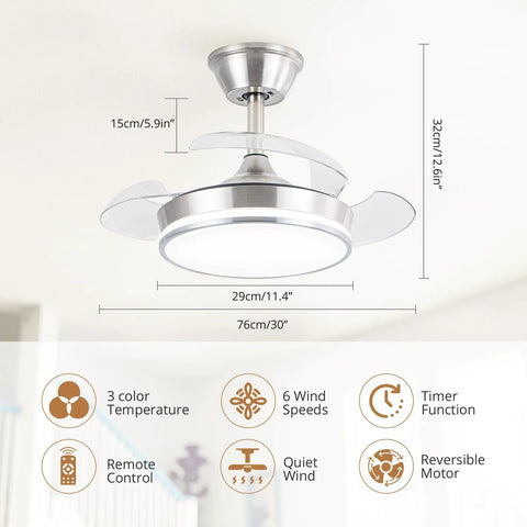 Sleek Retractable Ceiling Fan With Dimmable LED Lights And Remote, space-saving design, brushed nickel trim, compact size.