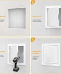 Step-by-step installation of Heavy Duty Push To Open Aluminum Access Panel For Drywall Ceilings And Walls, showing drill and secure frame process.
