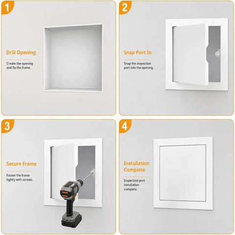 Step-by-step installation of Heavy Duty Push To Open Aluminum Access Panel For Drywall Ceilings And Walls, showing drill and secure frame process.