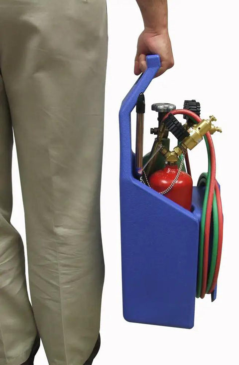 KC100P Centurion Weld And Brazing Outfit With 511 Plastic Carrying Stand For Pro Grade Portable Oxyacetylene Welding And Brazing Two Tips For Brazing Up To One Inch Copper Tubing And Welding Up To One Eighth Inch Steel, Single Stage Regulators. blue plastic carrying stand with hoses and torch