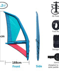 4.2 Square Meter Windsurf Wing Foil Inflatable Handheld Wing showing dimensions, air pump, rope, bag, and joint base.