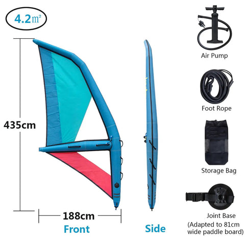 4.2 Square Meter Windsurf Wing Foil Inflatable Handheld Wing showing dimensions, air pump, rope, bag, and joint base.