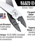 Pro Grade Heavy Duty Crimping And Cutting Tool For 10 To 22 AWG Solderless Terminals And Connectors with tapered nose detail