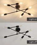 Six Light Vintage Sputnik Chandelier In Matte Black Metal Semi Flush Mount Ceiling Light Fixture, light on and off view