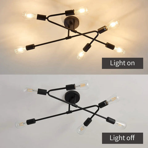 Six Light Vintage Sputnik Chandelier In Matte Black Metal Semi Flush Mount Ceiling Light Fixture, light on and off view