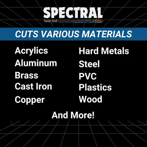 Spectral Twist Drill cuts various materials including acrylics, aluminum, brass, cast iron, copper, hard metals, steel, and more.