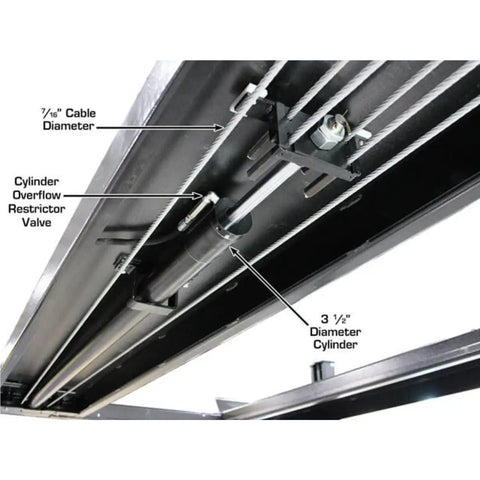 Close-up of commercial grade four post vehicle lift features, showing cable mechanism and cylinder dimensions.