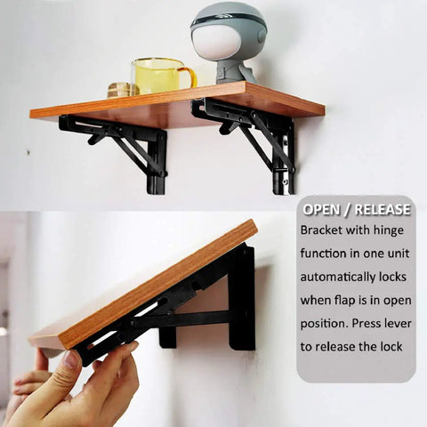 Wall-mounted Black Powder Coated Folding Shelf Brackets 10 Inch Heavy Duty Metal Collapsible Shelf Brackets with hinge and lock