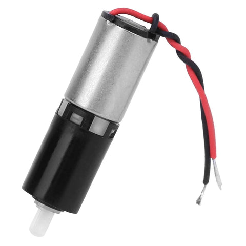 6mm micro planetary gear motor with silver metal body, black end cap, red and black leads, and white plastic output shaft.