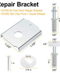 Built Tough Bifold Door Repair Kit For One Three Eighth Inch Wooden Cabinet Door Top Pivot And Bottom Bracket With Guide Wheel set showing measurements and components.