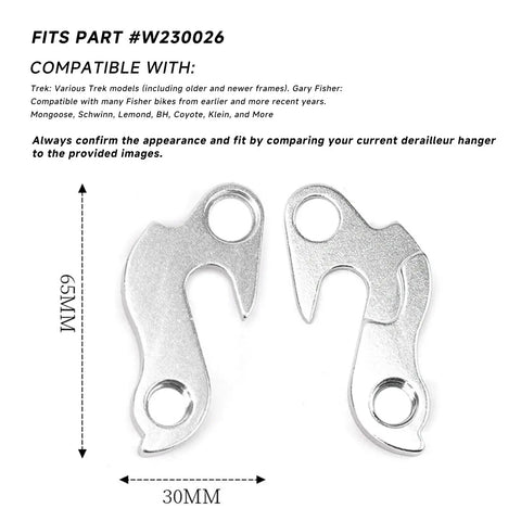 Two Pack Derailleur Hanger 6 Replacement Part For Bicycle Frames Your Go To Upgrade Compatible With Trek Gary Fisher Mongoose Schwinn And More Aluminum Alloy W230026 Includes Mounting Screws showing dimensions and compatibility list