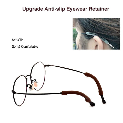 Soft Silicone Eyeglass Temple Tips Sleeve Retainer 8 Pairs No Slip Ear Grips shown on glasses and in use on person