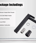 Package contents of Single Handle Matte Black Tall Vessel Sink Faucet For Modern Vanity Basins With Drain Pop Up And Flexible Water Hoses Stainless Steel Bathroom Tap With Sleek Minimalist Vibe Model FRDC17914B