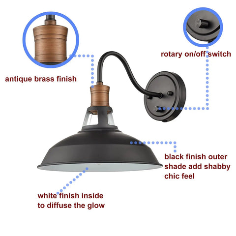 2 Pack Farmhouse Plug In Wall Sconces With Gooseneck Arms And Barn Shade Matte Black Finish With Antique Brass Lamp Heads On Off Switch