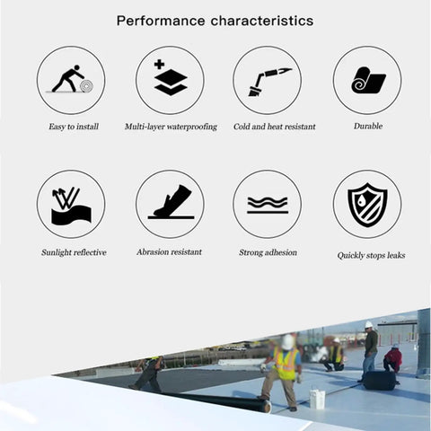 Performance characteristics of Tough As Nails Waterproof Roof Repair Tape showcasing easy installation, waterproofing, and durability.