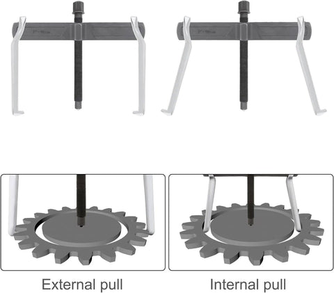 ChgImposs 12in two-jaw gear puller with adjustable center screw; gray crossbar and white jaws.