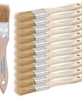 No Hassle One Inch Disposable Chip Brushes With Natural Bristles For Smooth As Butter Paint And Stain Touch Ups In A Twelve Pack. Detail of twelve brushes lined up, natural bristle heads, wooden handles.