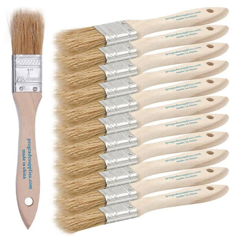 No Hassle One Inch Disposable Chip Brushes With Natural Bristles For Smooth As Butter Paint And Stain Touch Ups In A Twelve Pack. Detail of twelve brushes lined up, natural bristle heads, wooden handles.