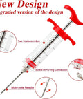 Meat Injector Syringe 1 Ounce Marinade Kit With Two Needles for BBQ, showing ergonomic design, multi-hole needle, and ml/oz scales.